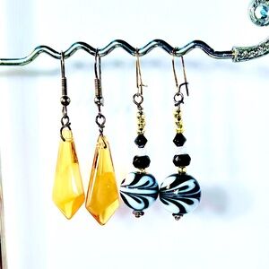 Earrings Pierced Handcrafted Yellow Glass w/Soft Yellow & Black/White Swirls